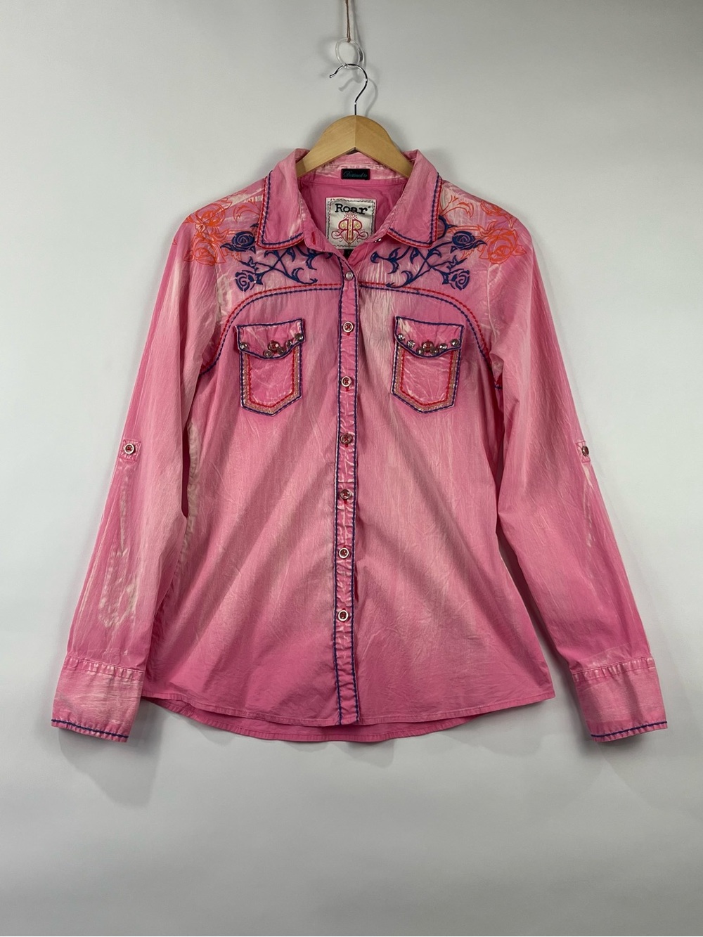 Roar 98% Cotton Embroidered Rhinestone Western Shirt Y2K Roll Tab L